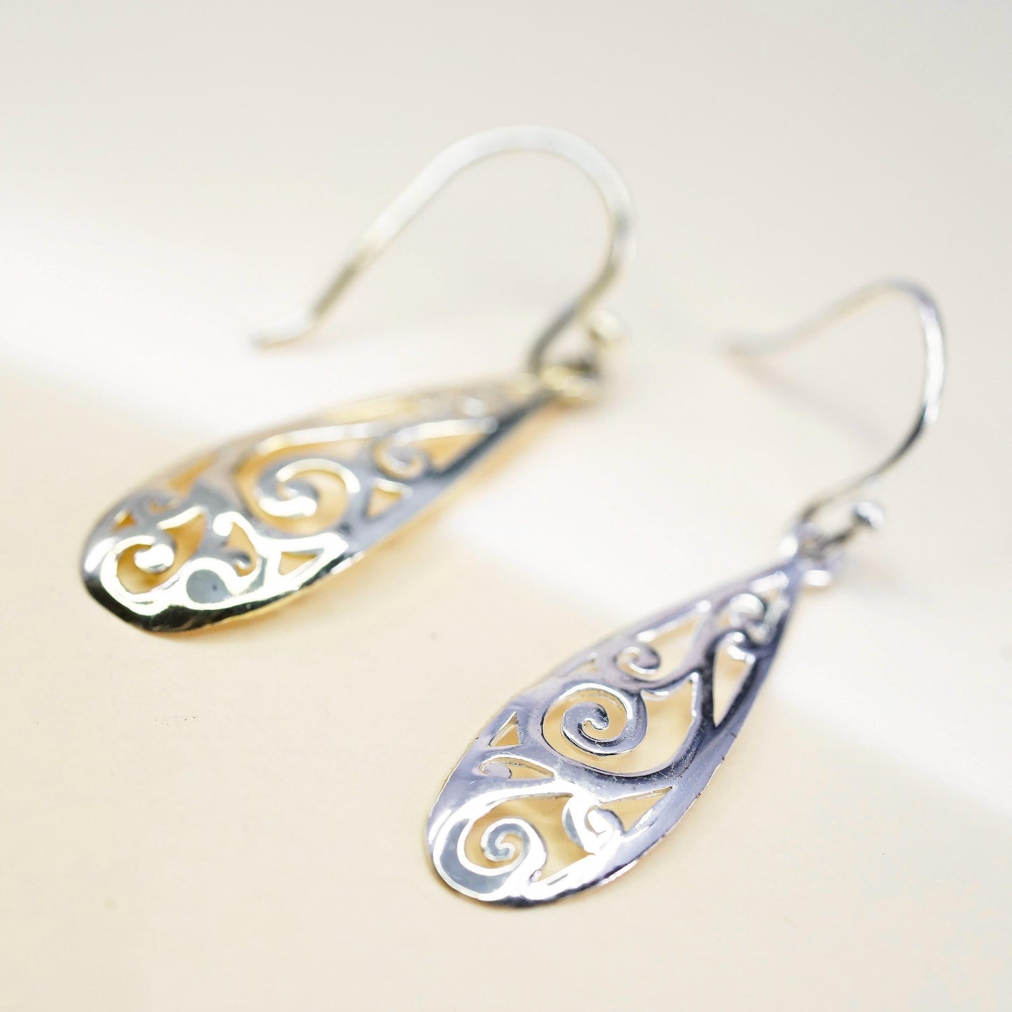 Vintage two tone sterling silver handmade earrings, 925 filigree teardrops
