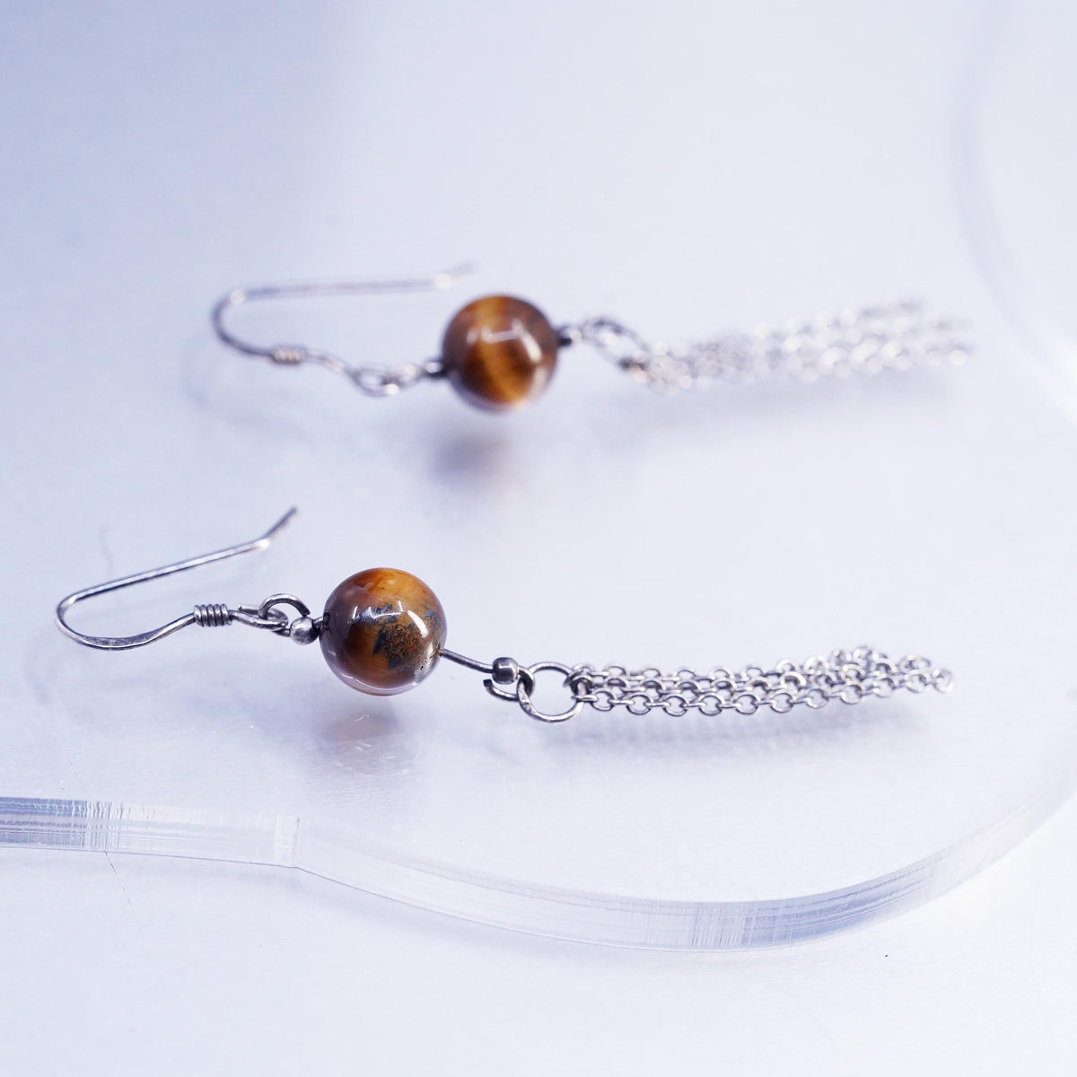 VTG Sterling Silver Handmade long chain Earrings, 925 Golden Tiger Eye beads