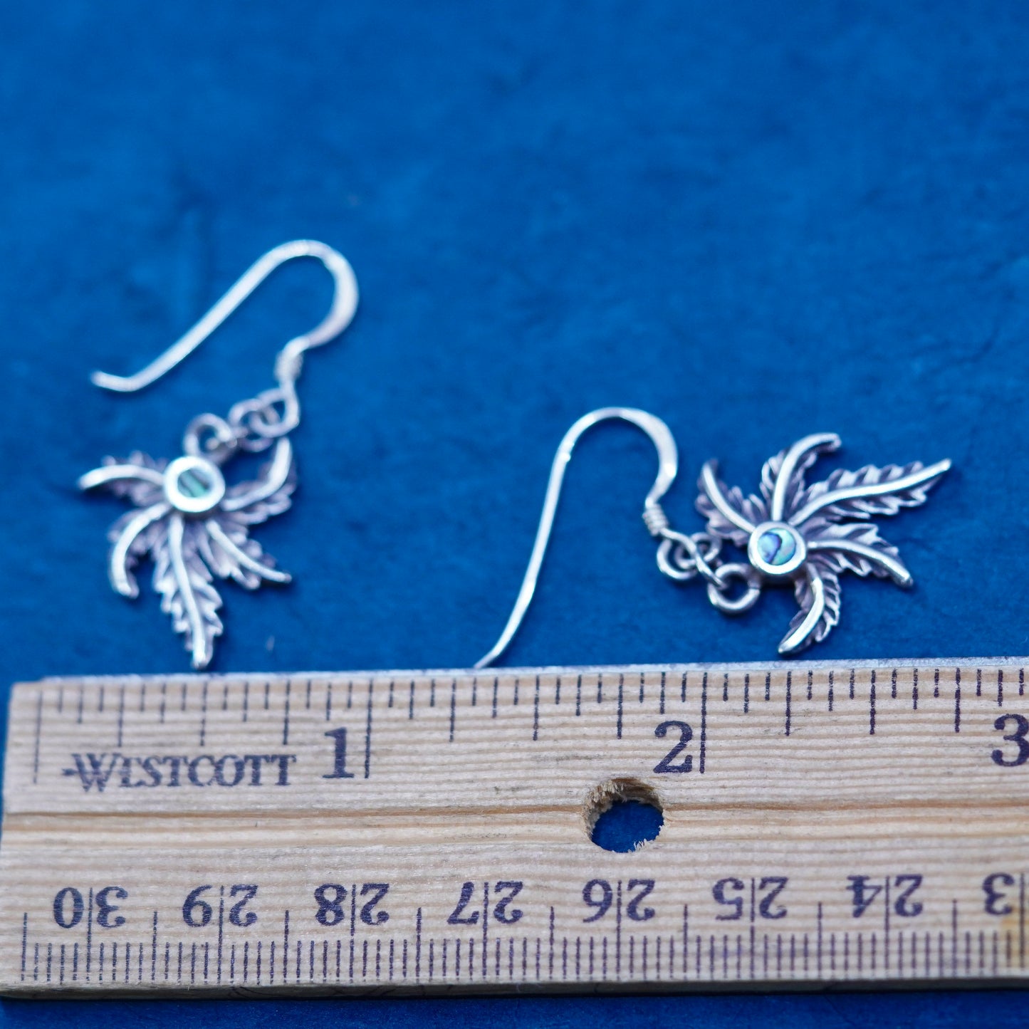 Vintage sterling silver handmade earrings, 925 leaf drop and abalone inlay
