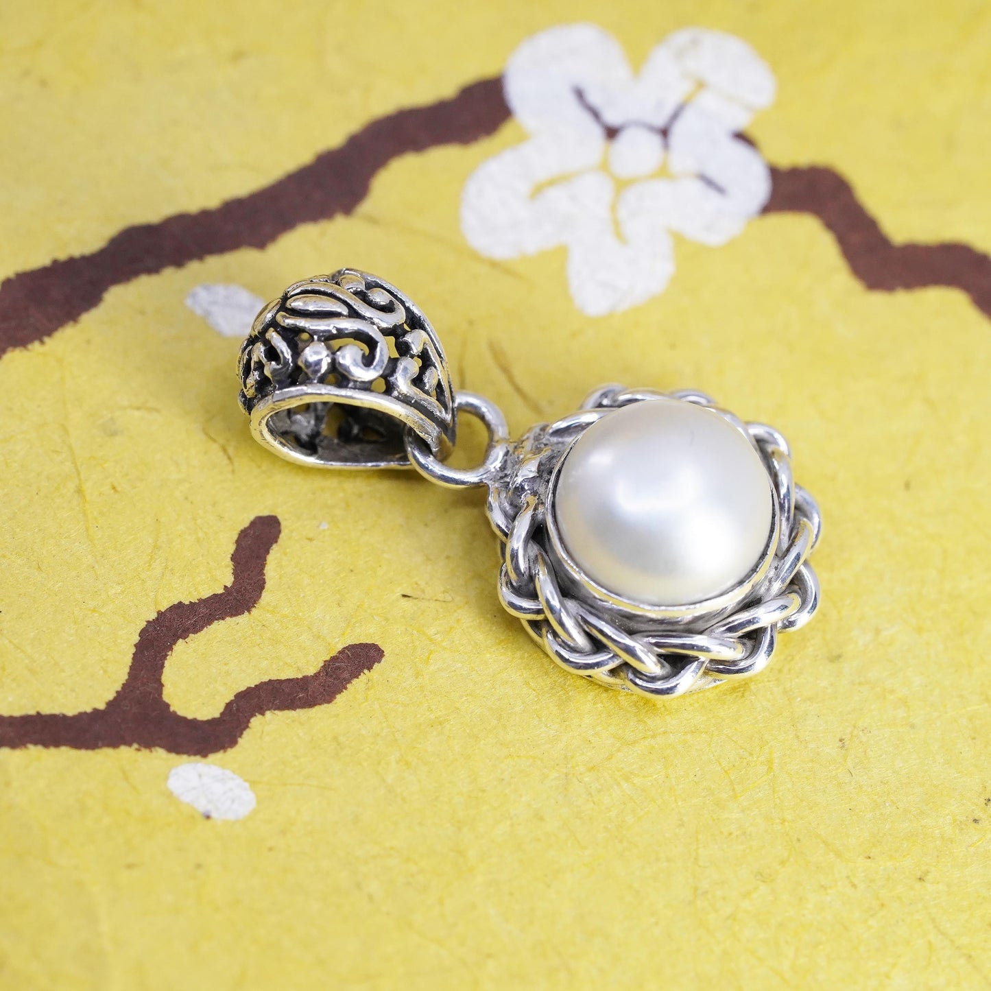 Vintage Sterling 925 silver handmade filigree pendant with pearl