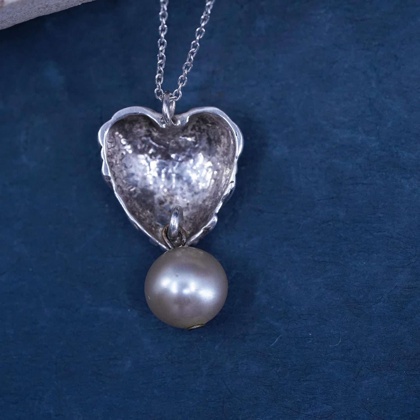 18”, Gordon Barnett sterling silver necklace, 925 chain heart pearl pendant