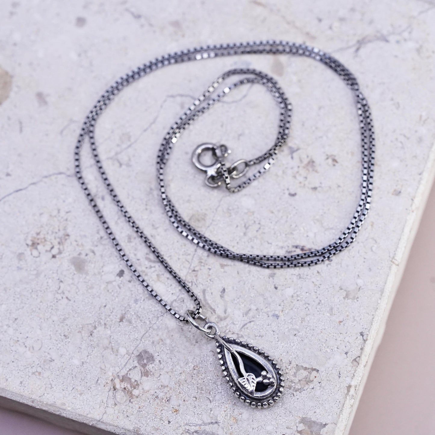 20" 1mm, vintage Sterling silver handmade necklace, 925 box link chain with teardrop onyx pendant, stamped 925