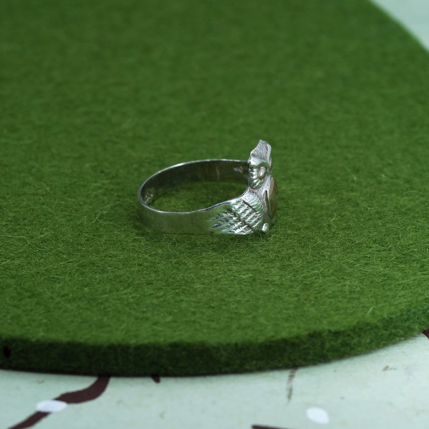 Size 9, two tone 18K Sterling silver handmade ring, 925 owl band golden eyes