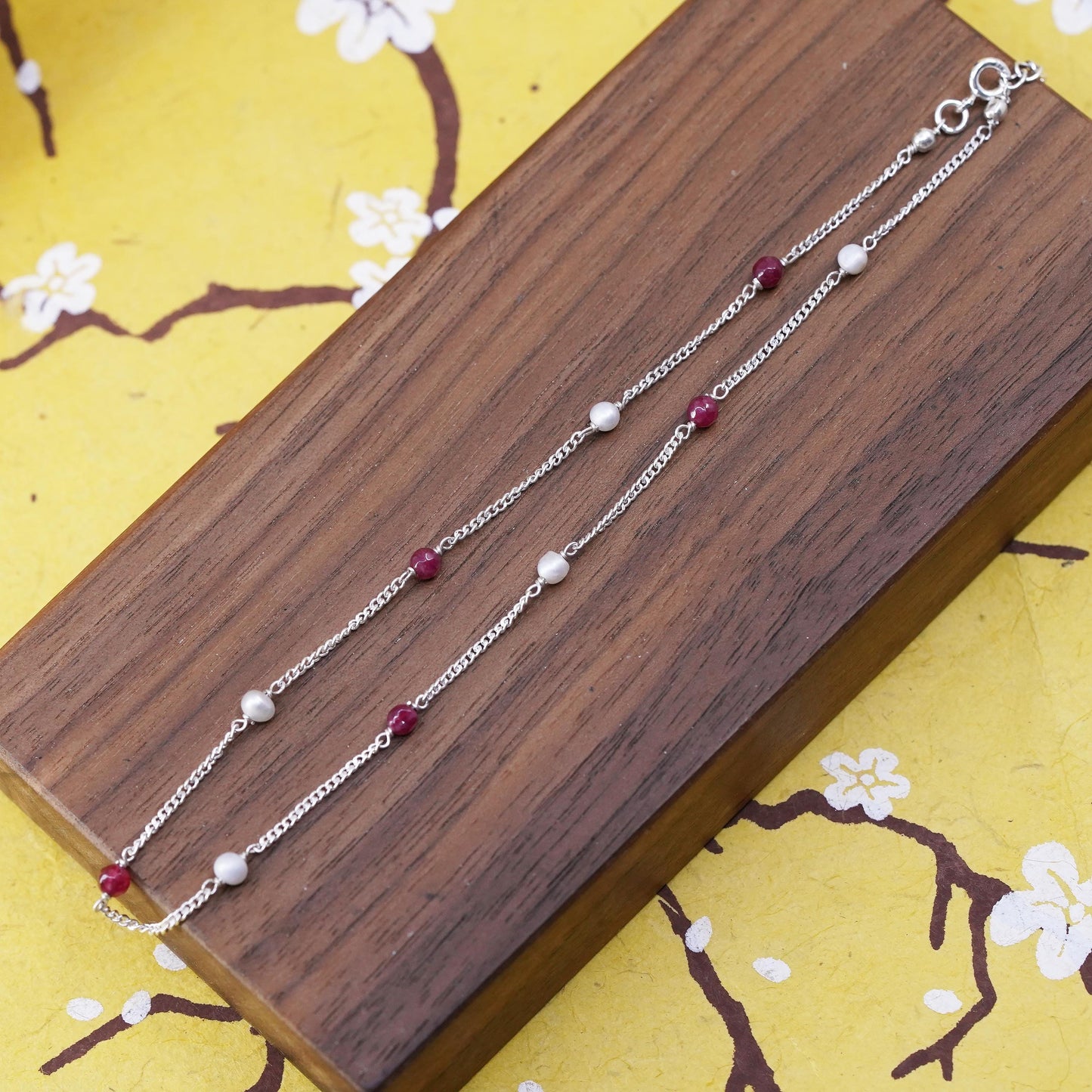 11.75", vintage Sterling silver curb chain, Italy 925 anklet pearl ruby beads