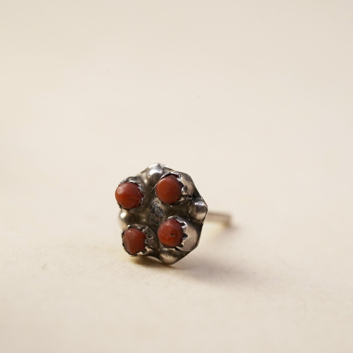 Native American Navajo handmade single earring. Sterling 925 silver stud coral