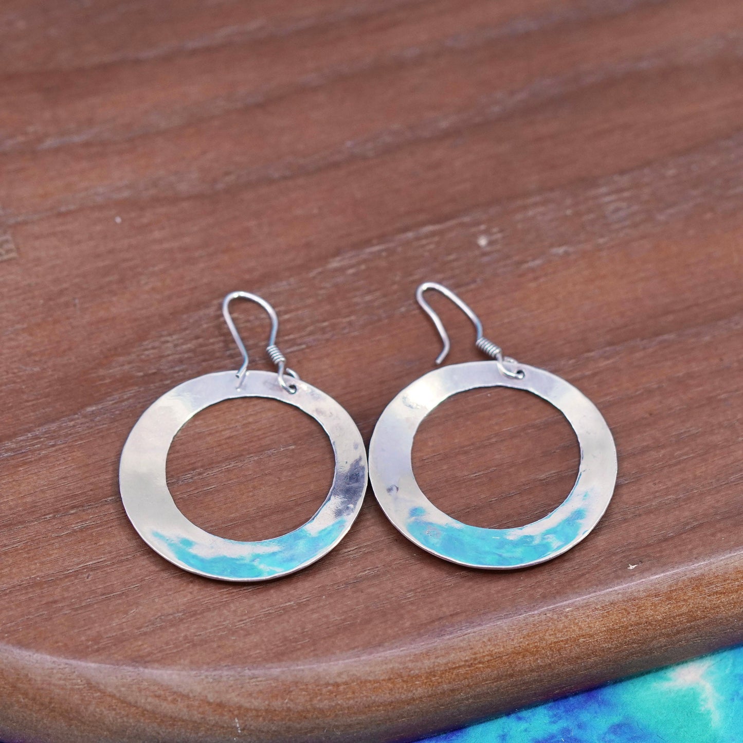Vintage sterling silver handmade earrings, 925 hammered circle shaped drops