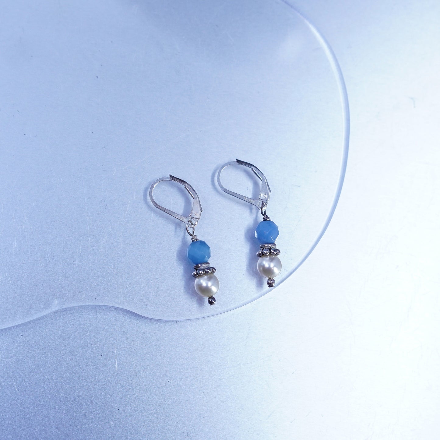 Vintage sterling silver 925 earrings with pearl and blue crystal