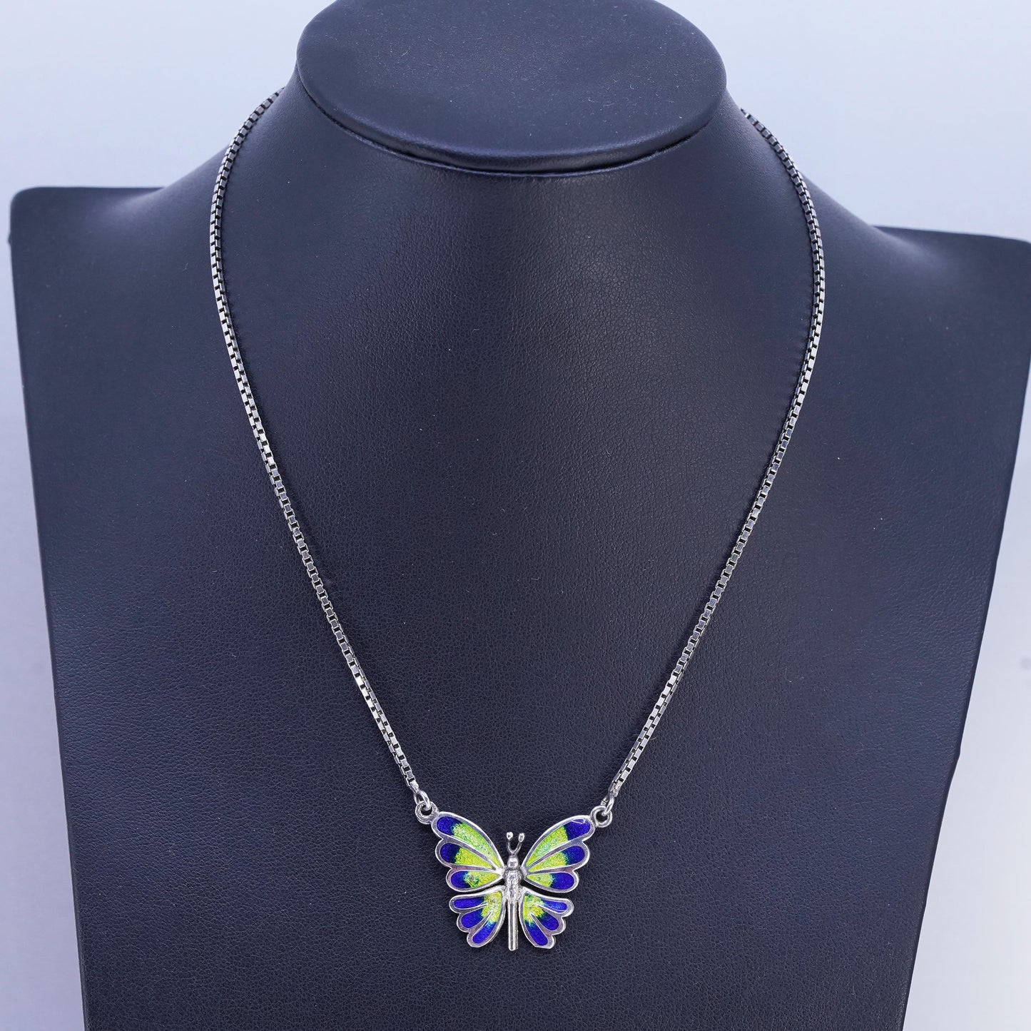 16”, vintage Sterling 925 silver box chain necklace enamel butterfly pendant