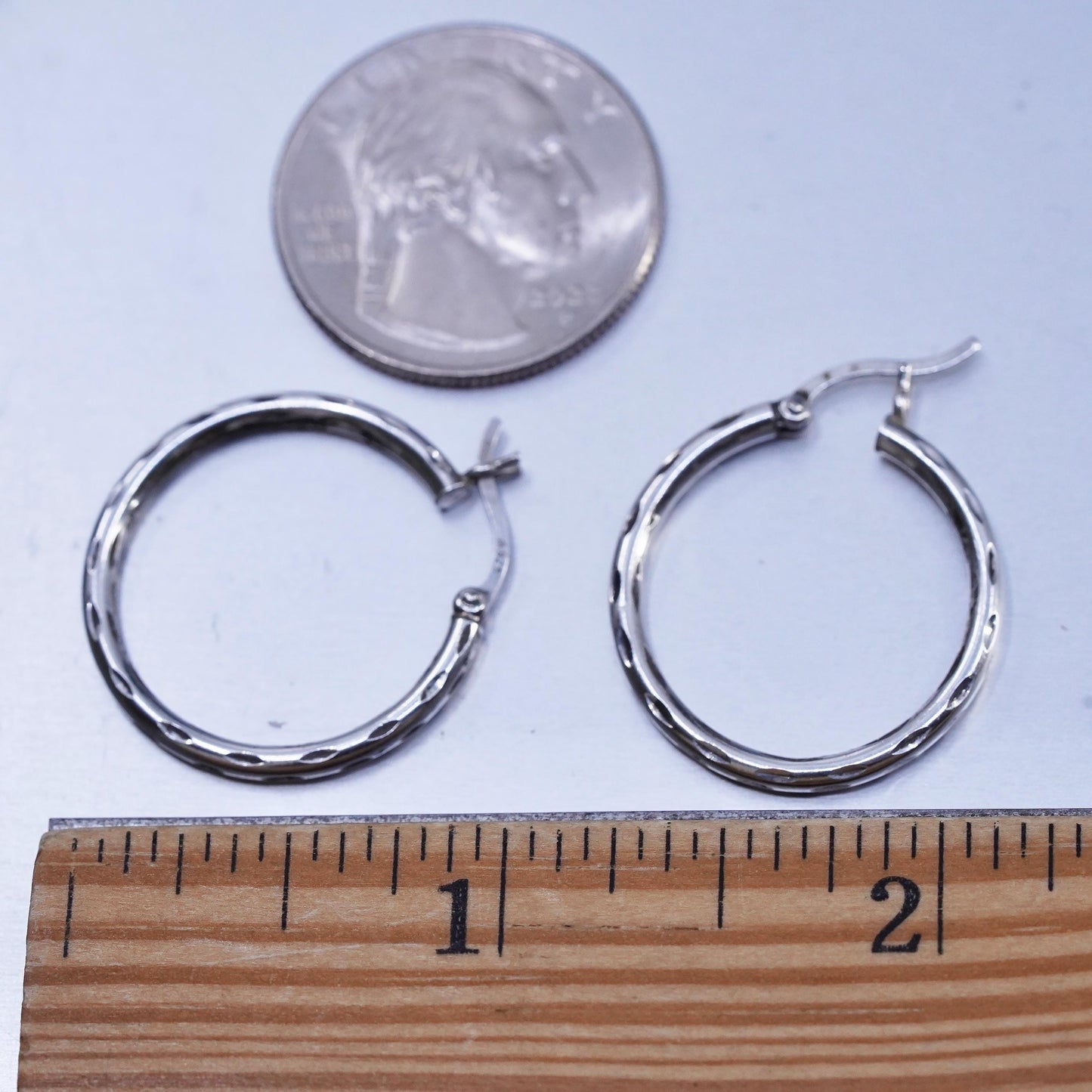 1”, vintage Sterling silver handmade earrings, textured 925 hoops