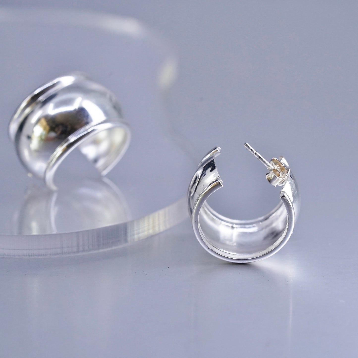 0.75”, vintage Sterling silver handmade earrings, modern 925 wide huggie studs