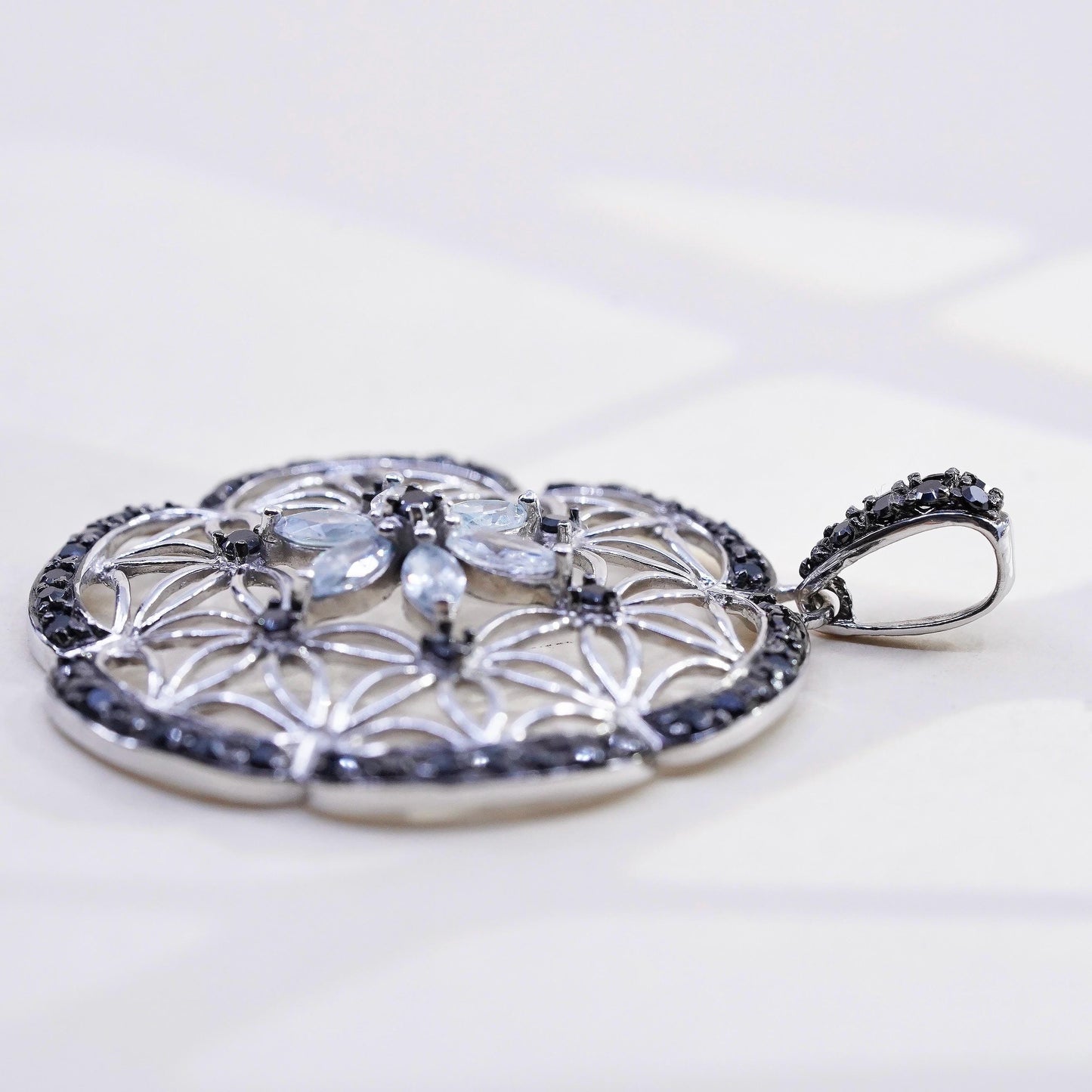 two tone sterling 925 silver filigree round pendant cluster clear CZ and spinel