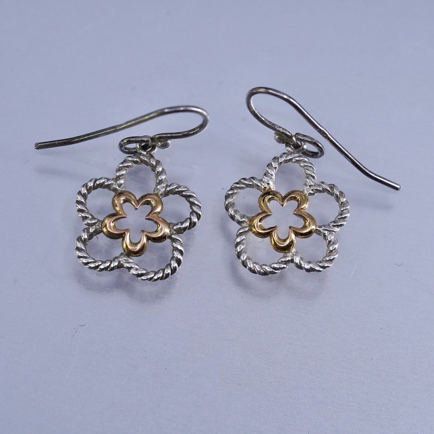 Vintage two tone Sterling 925 silver handmade earrings, flower dangles