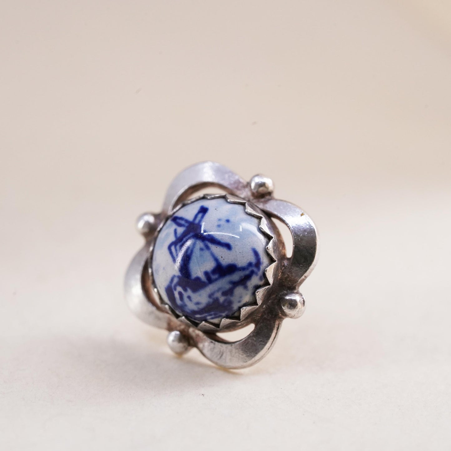 Vintage Holland DELFT Dutch Button Round Porcelain 835 Silver single earring
