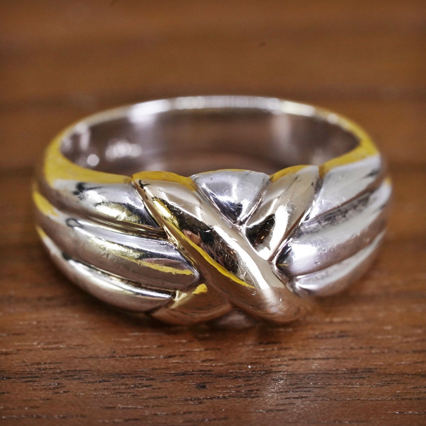 Size 6, VTG two tone Sterling silver handmade ring, 925 band w/ gold tone cross