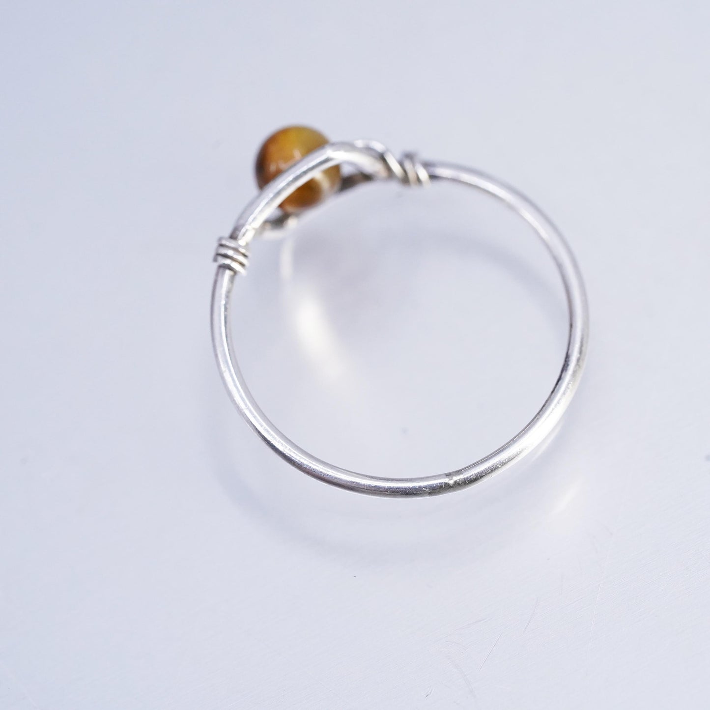 Size 4.5, vintage Sterling 925 silver handmade ring, wired band with Tiger eye