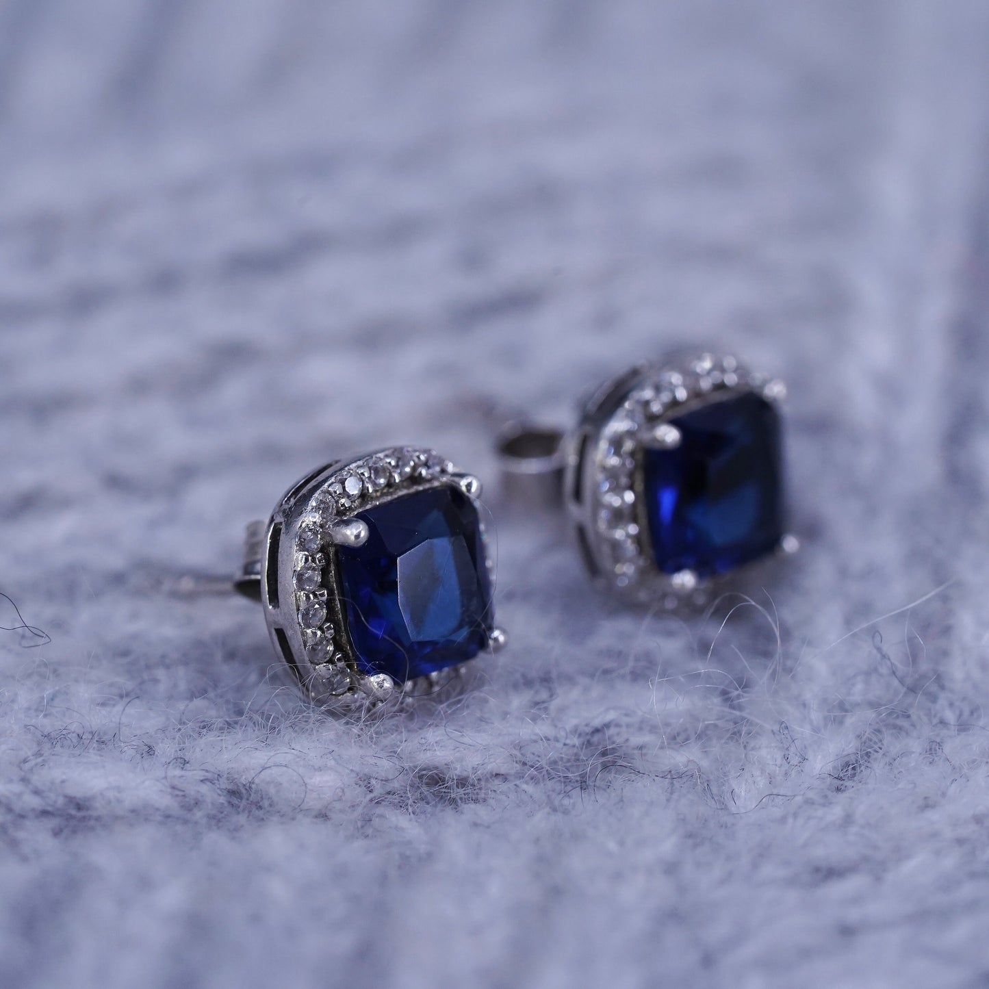 Vintage sterling silver handmade earrings, 925 studs with cluster Cz sapphire