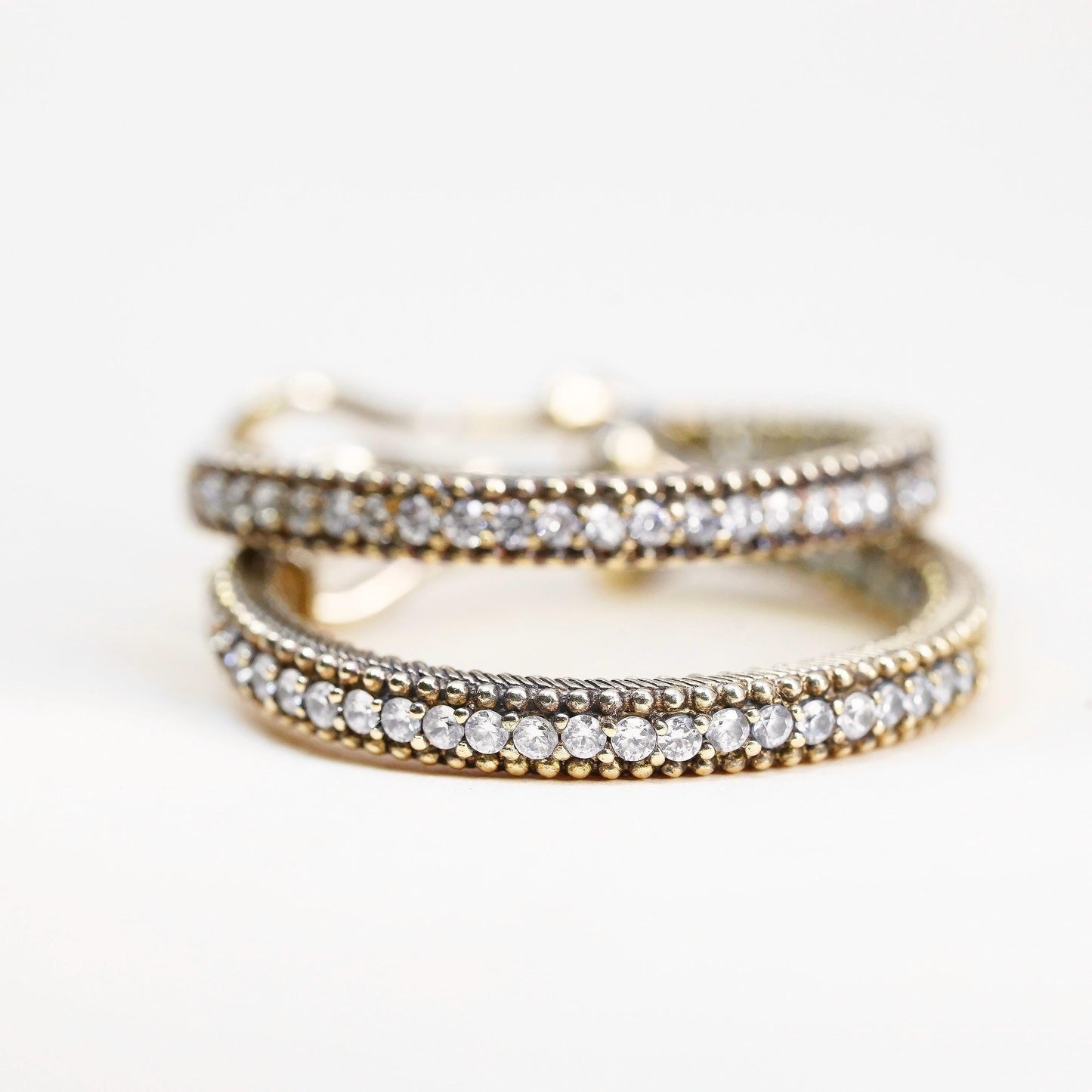 1", Judith Ripka gold plated sterling silver earrings, 925 textured hoops Cz