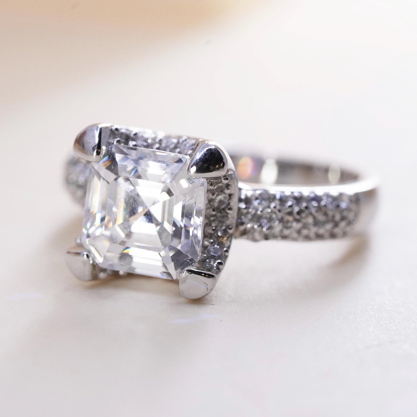 Size 7, Sterling silver ring, 925 silver round cut crystal and CZ cluster ring