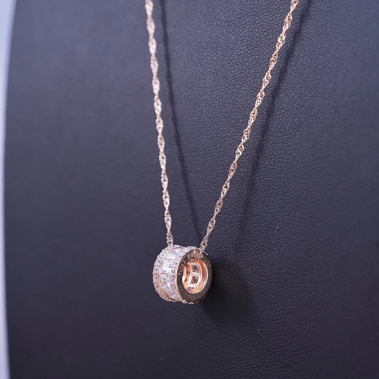 17+2", Rose gold Sterling silver necklace, 925 twisted chain cz wheel pendant