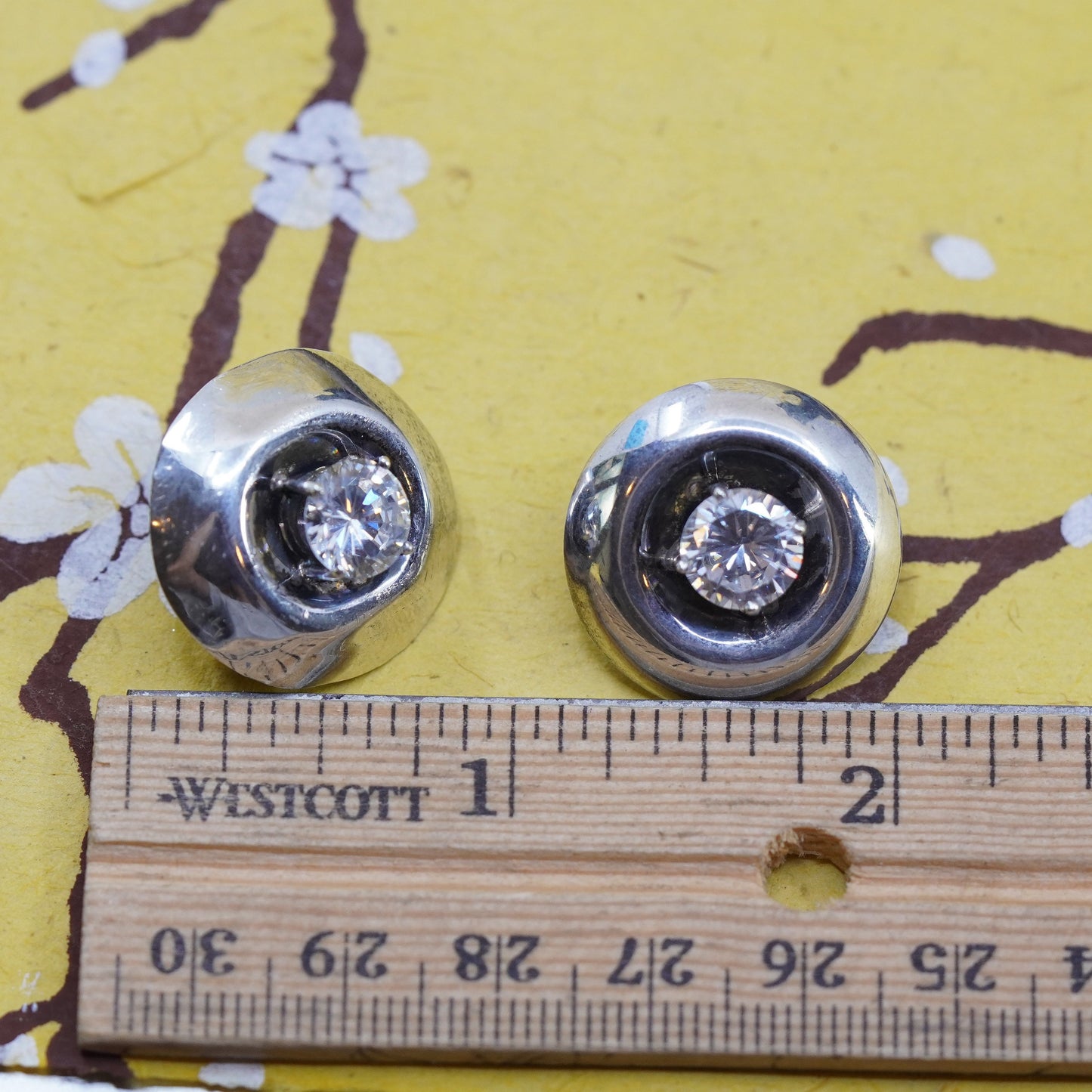 vintage Sterling silver clear round crystal studs, cz earrings