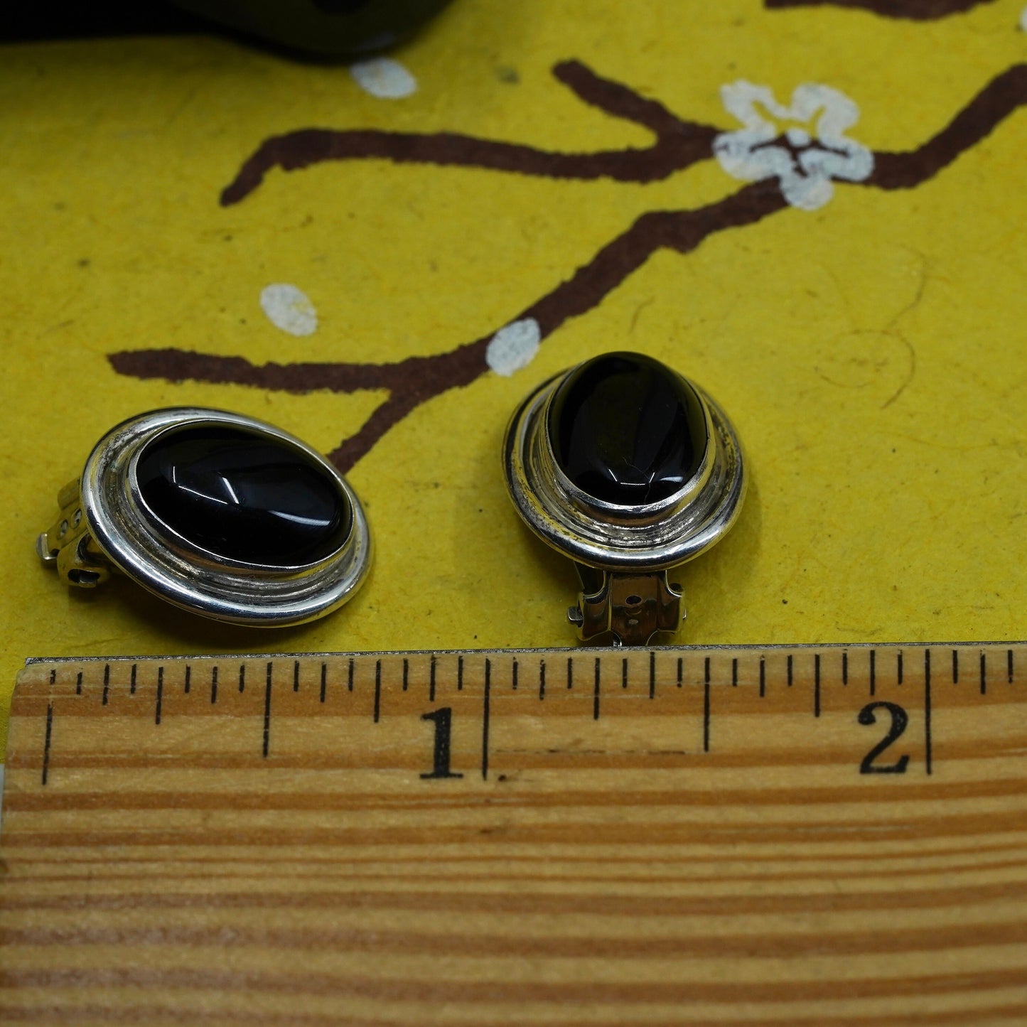 Native American Kewa Nelson Garcia Sterling earrings, 925 oval clip on onyx