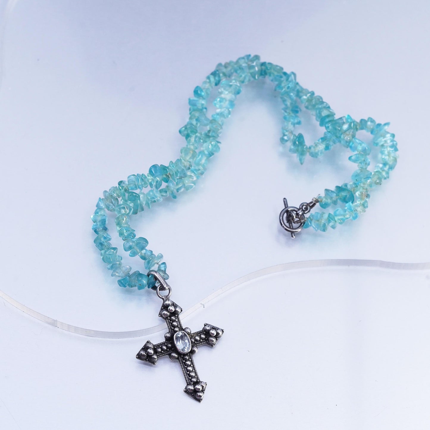 16", Sterling 925 silver necklace with nugget apatite beads and cross pendant