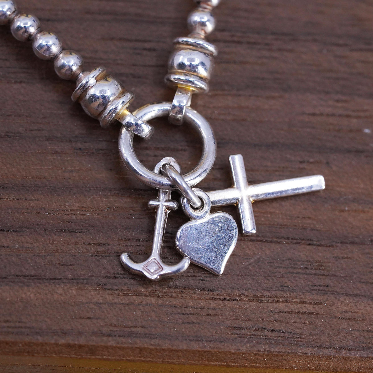 7”, VTG Italian Sterling 925 silver beads bracelet cross heart anchor charms