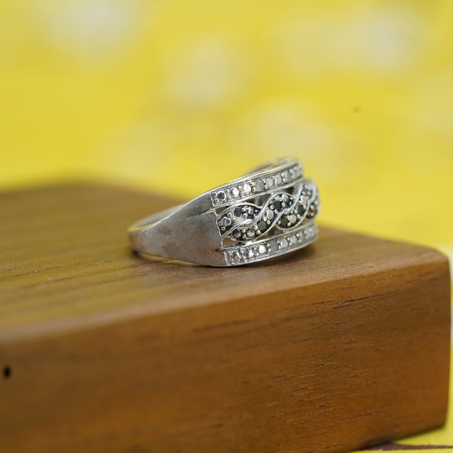 Size 7, vintage Sterling silver handmade ring, 925 band with cluster diamond