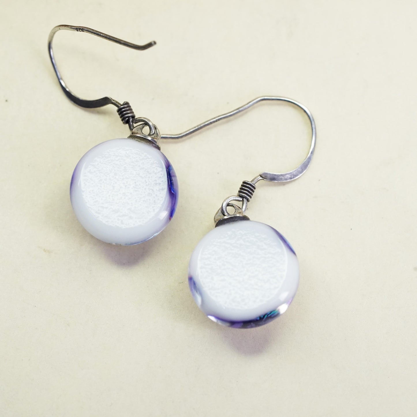 Vintage Sterling 925 silver handmade earrings purple foiled artisan glass drops
