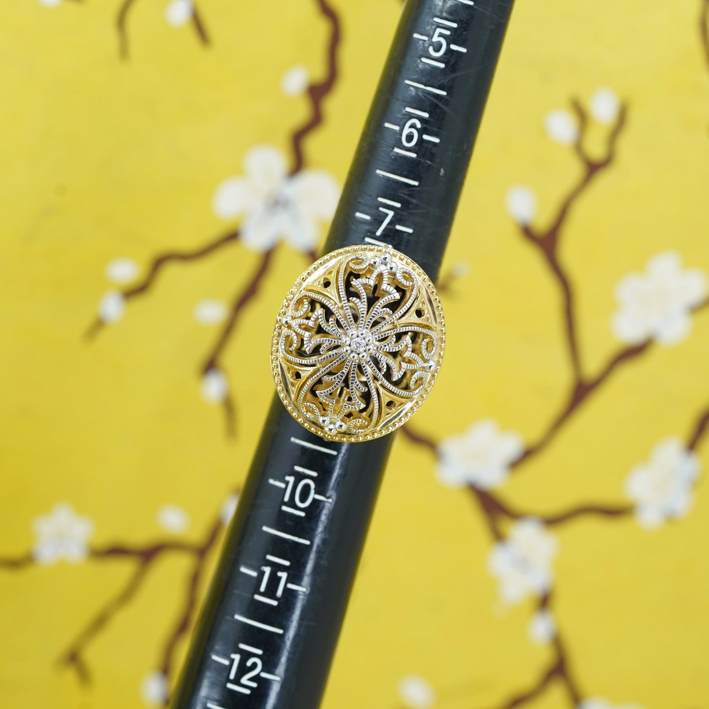 Size 7.75, two tone Sterling silver 925 cocktail filigree crown ring diamond