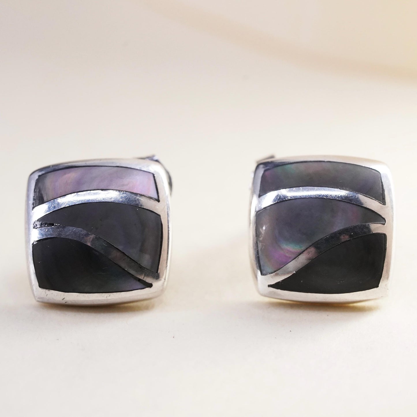 Vintage sterling silver handmade earrings, 925 square studs with abalone inlay
