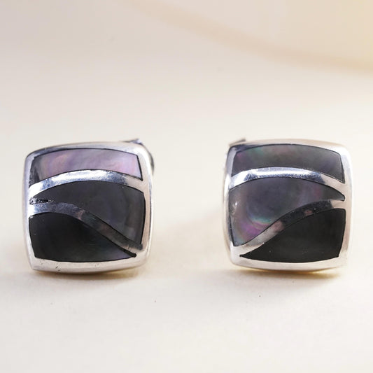 Vintage sterling silver handmade earrings, 925 square studs with abalone inlay