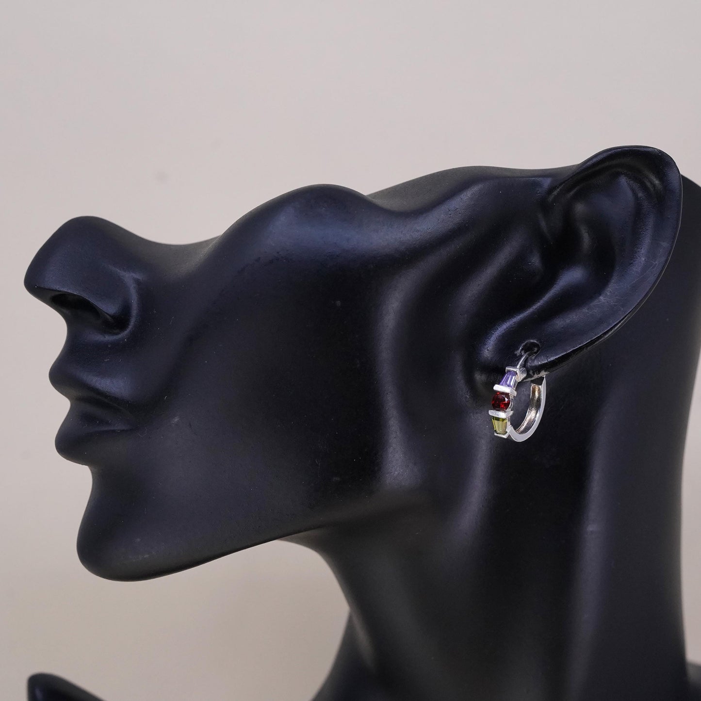 0.5”, matte sterling silver single earring, 925 huggie hoop amethyst peridot
