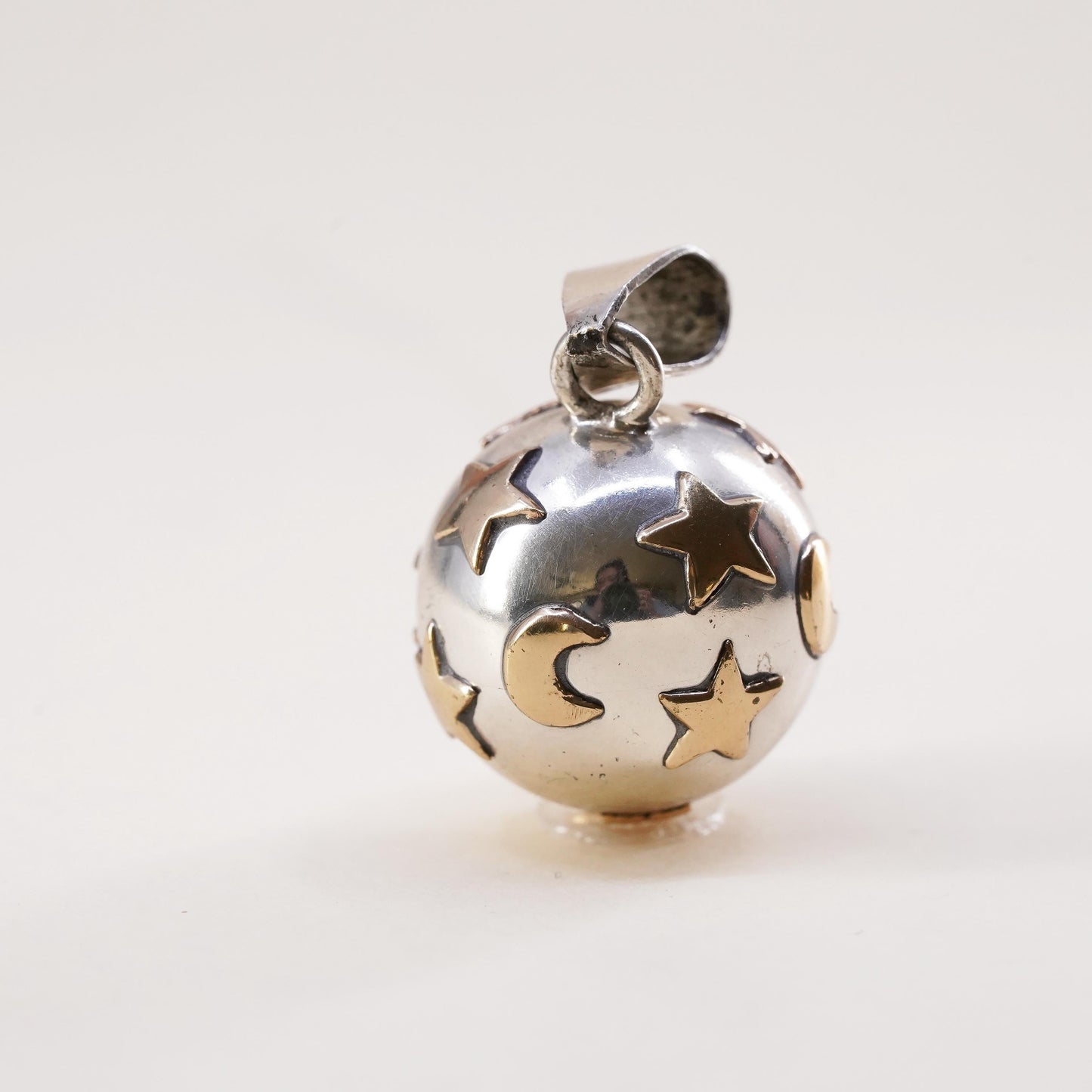 0.75” two tone Sterling silver polished chime harmony ball, 925 bell star moon