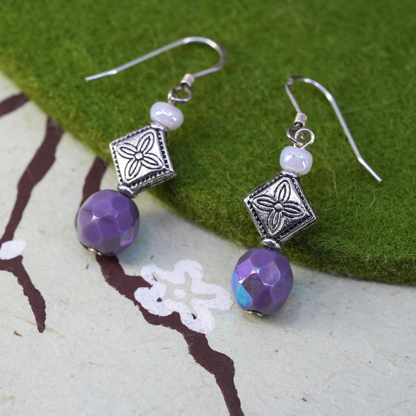 Vintage Sterling silver handmade earrings with crystal dangles