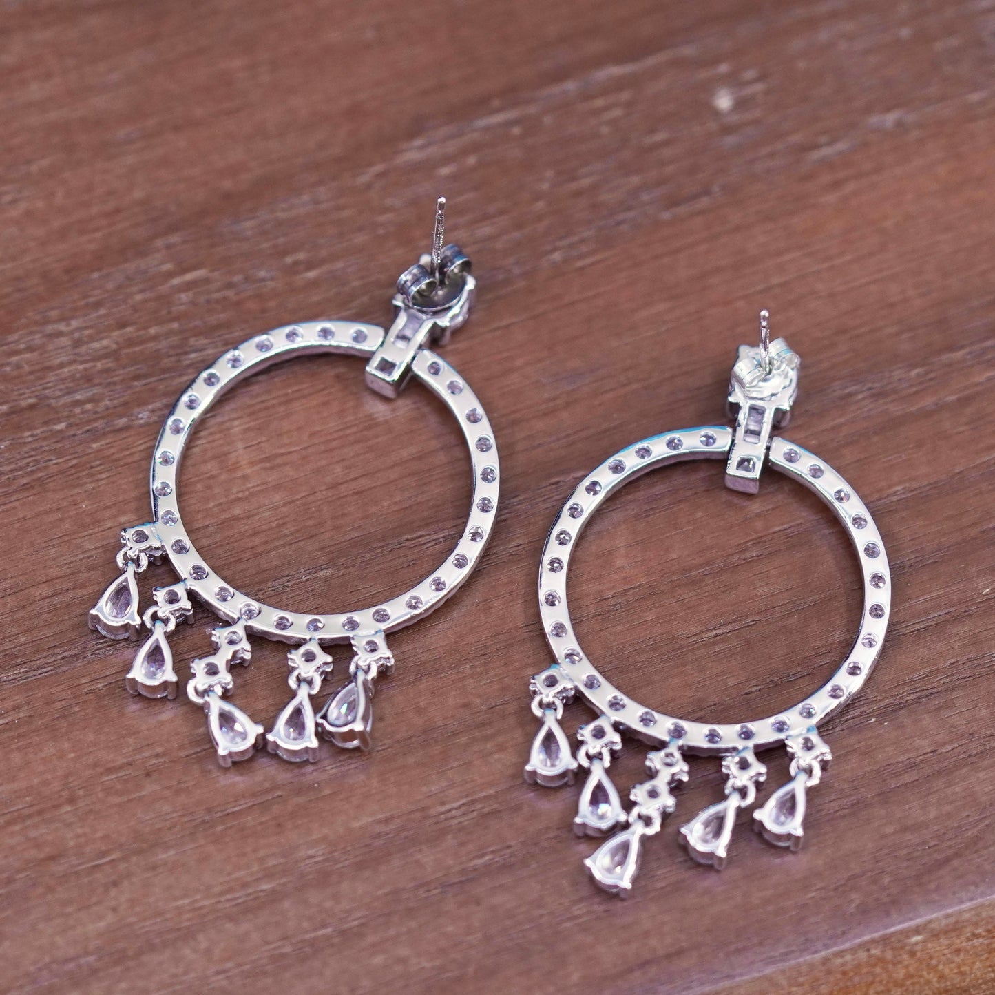 1”, Vintage Sterling silver earrings, 925 circle with cluster cz drops
