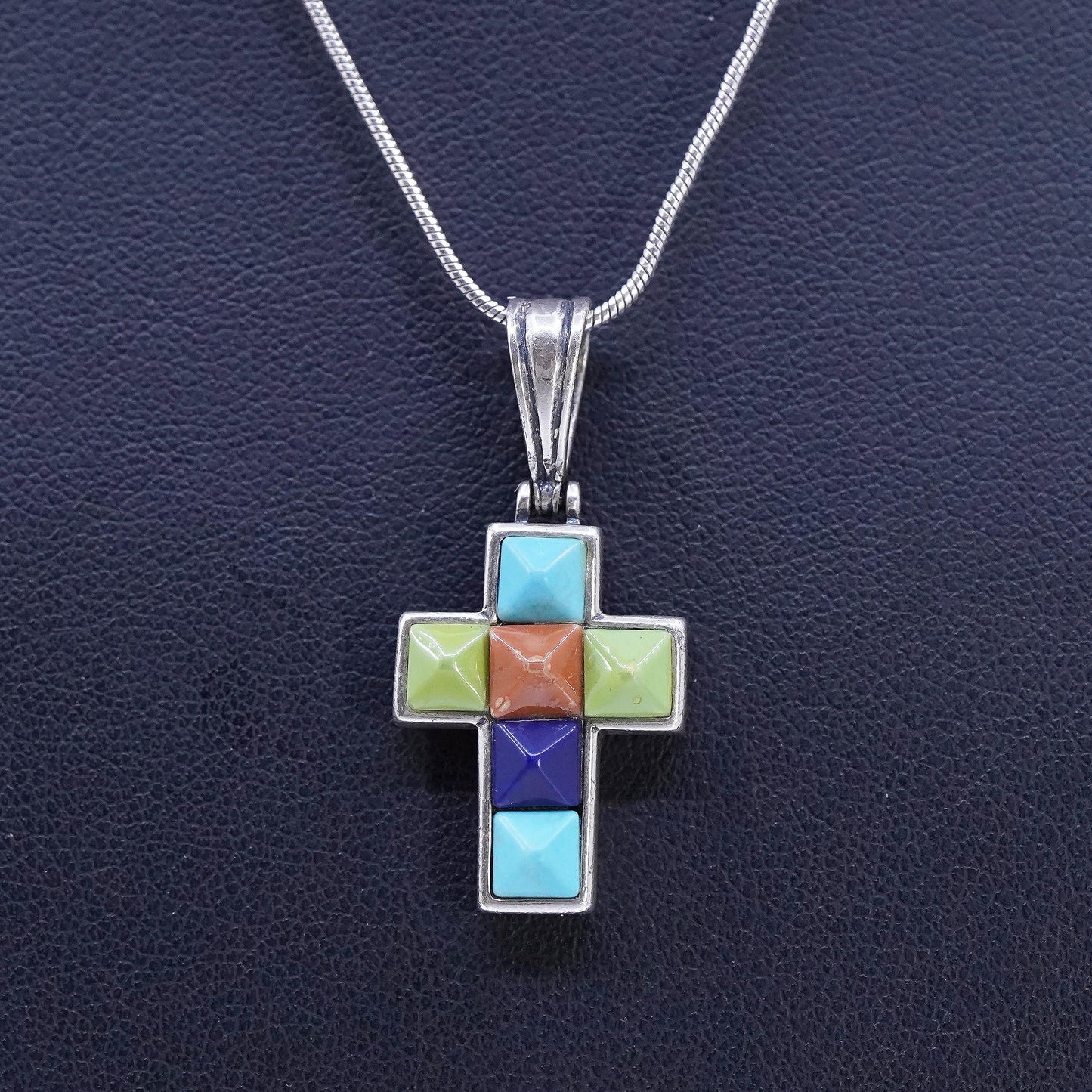 16", vintage Sterling 925 silver snake chain necklace turquoise cross pendant