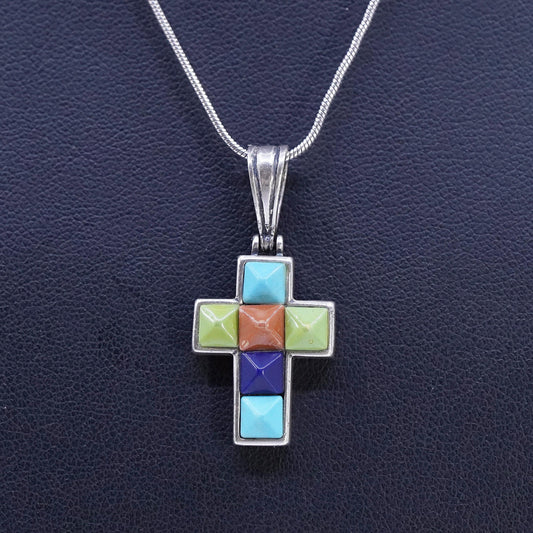 16", vintage Sterling 925 silver snake chain necklace turquoise cross pendant