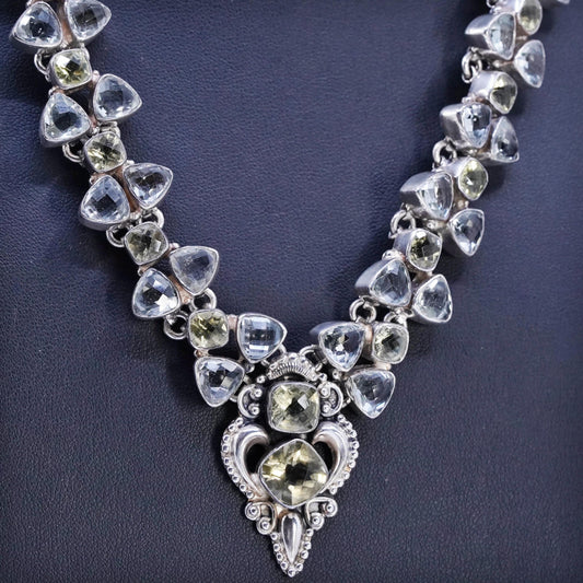 18”, Sterling 925 silver elongated chain necklace Prasiolite amethyst beads