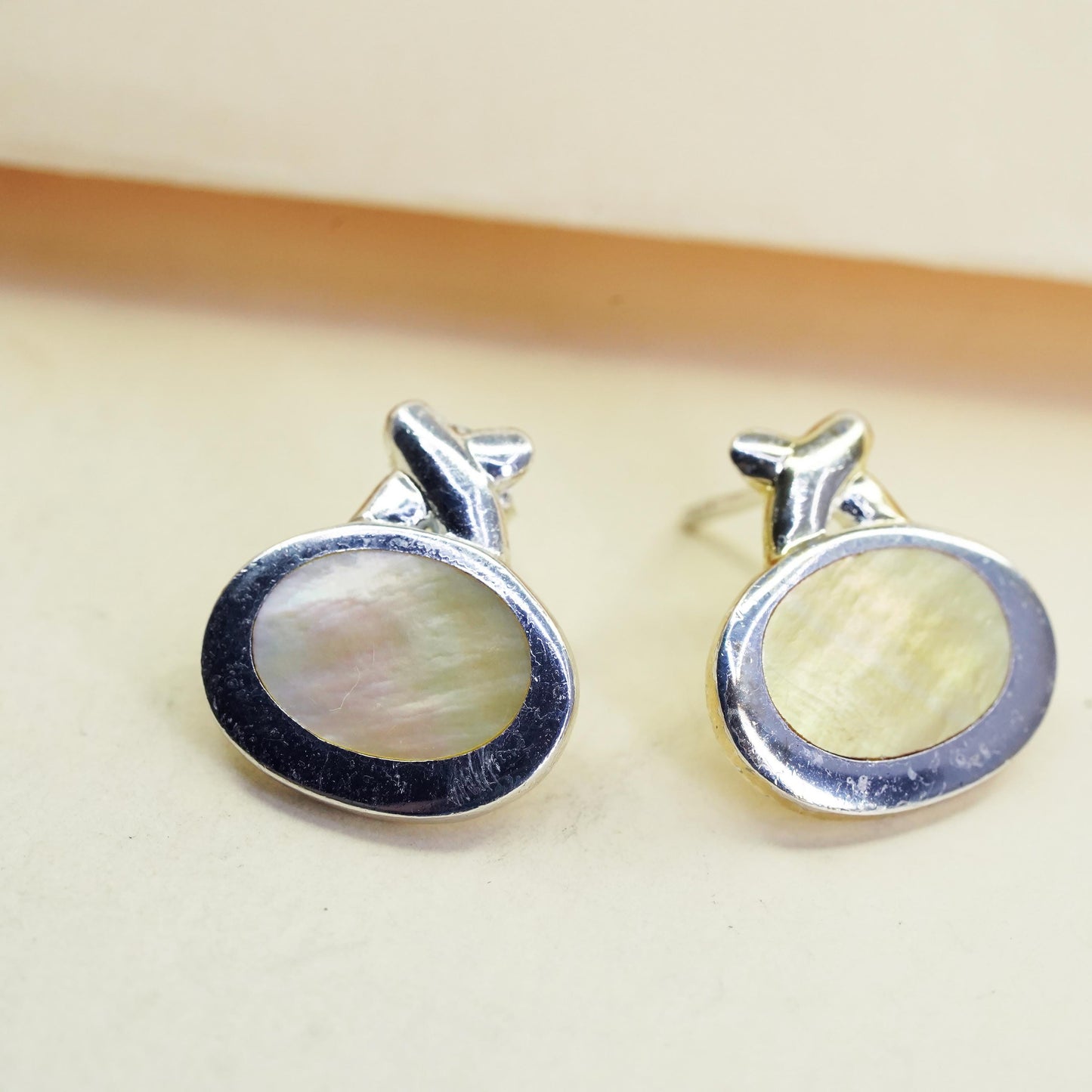Vintage sterling silver earrings, 925 modern oval studs with mother of pearl