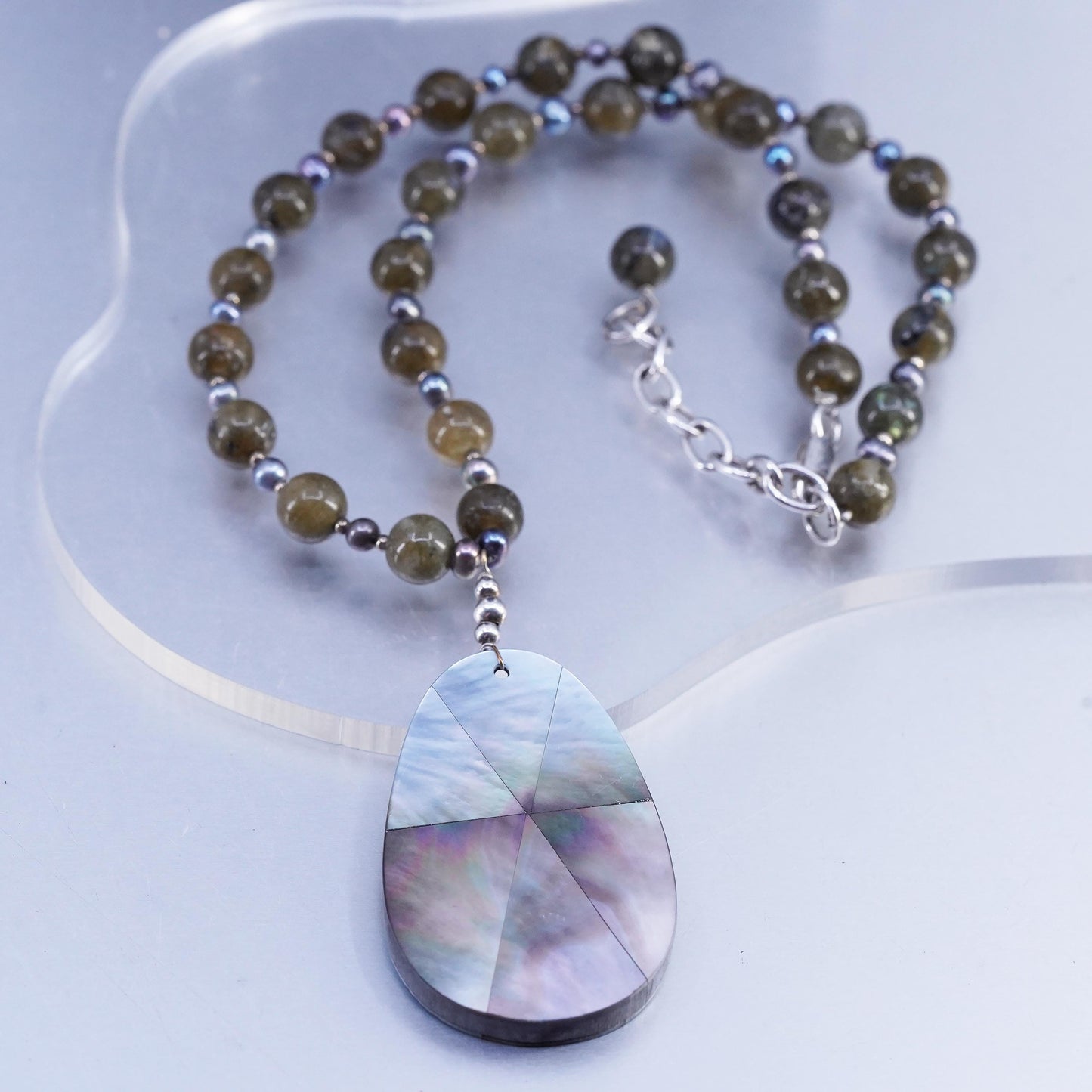 16+2", Sterling Silver 925 necklace labradorite beads teardrop abalone pendant