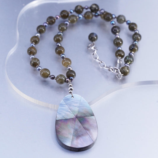 16+2", Sterling Silver 925 necklace labradorite beads teardrop abalone pendant