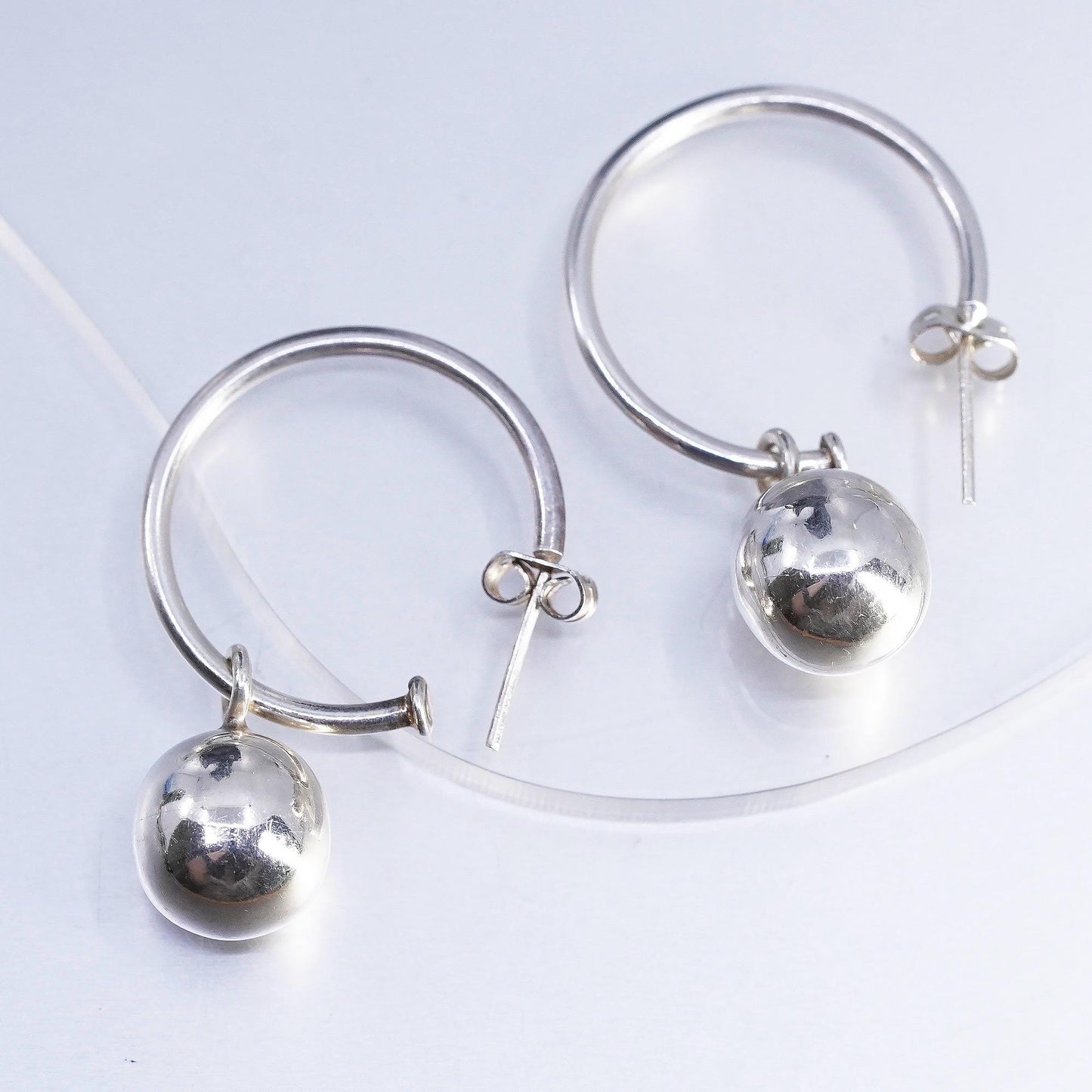 1", Vintage Sterling Silver Ball Earrings, 925 Silver bead Dangle Sphere Hoops