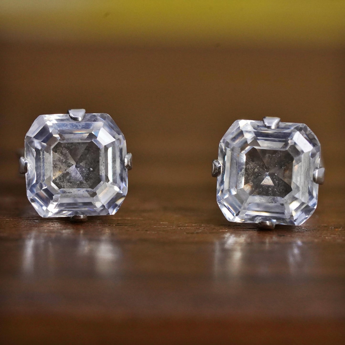 6mm, vintage Sterling silver clear square crystal studs, cz earrings