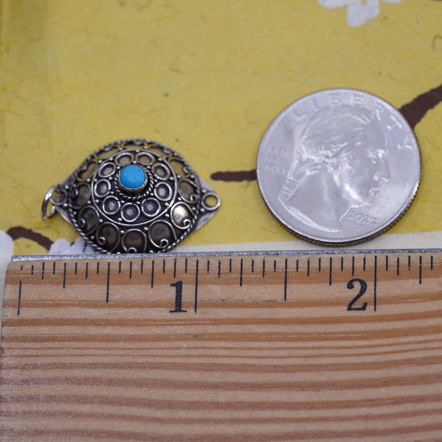 Mexican Sterling Silver Turquoise Pendant, 925 Boho Charm, Oxidized Filigree