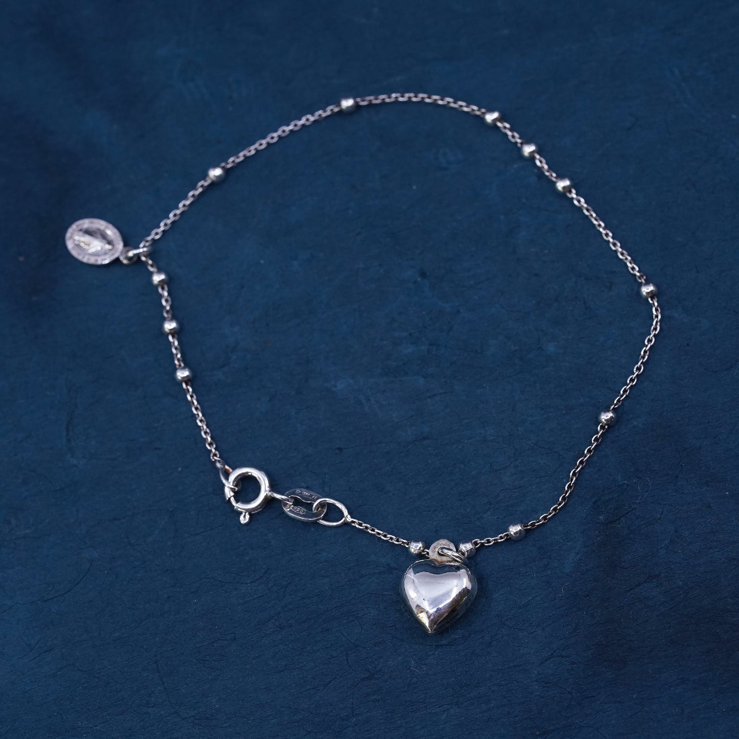 7", Sterling silver bracelet, 925 circle chain beads heart Virgin Mary Charms