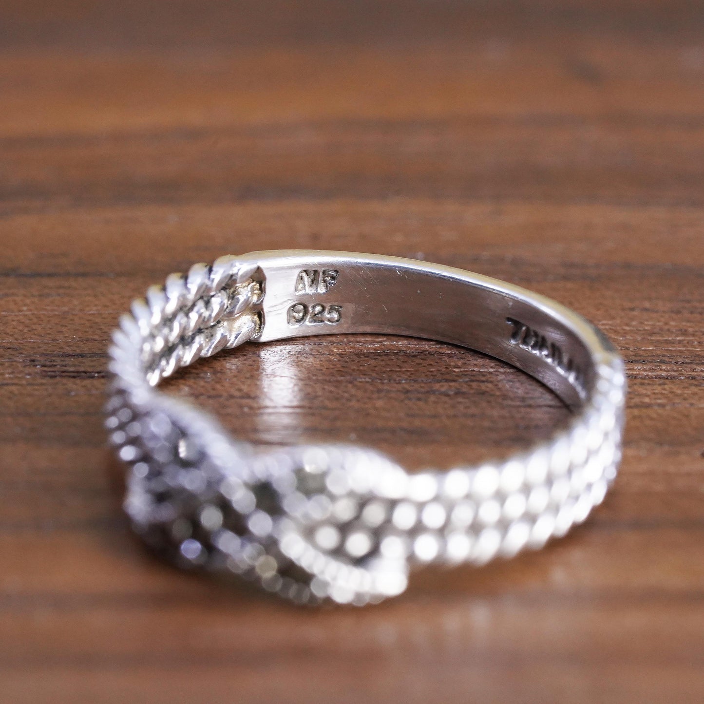 Size 8, Sterling Silver Marcasite Infinity Knot Ring, Rope Band, Art Deco Ring
