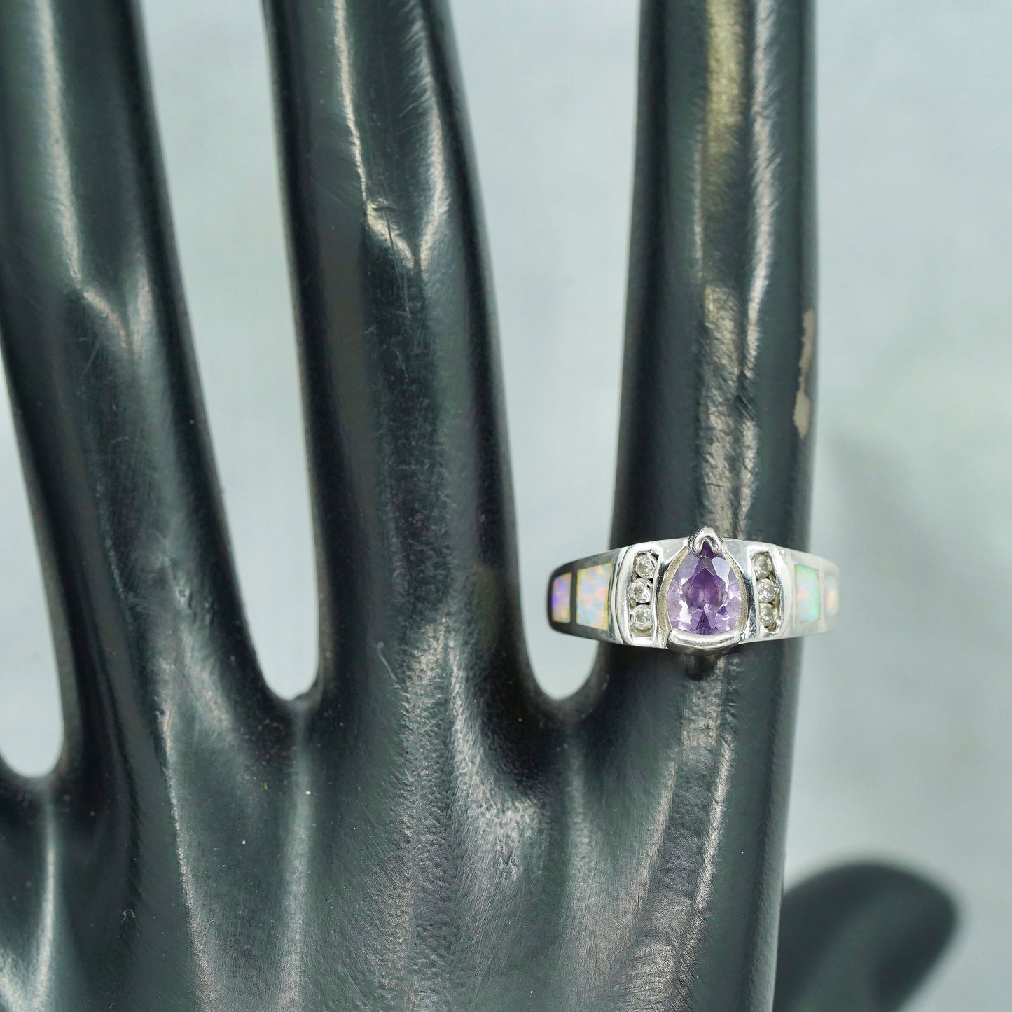 Size 6, vintage Sterling 925 silver handmade ring with amethyst and opal inlay
