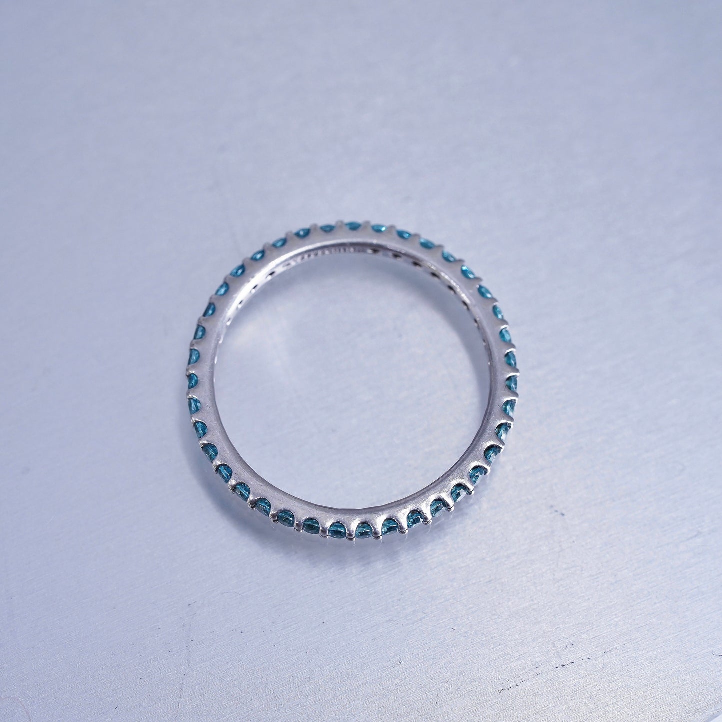 Size 7.25, vintage southwestern Sterling 925 silver wedding ring, blue Cz band