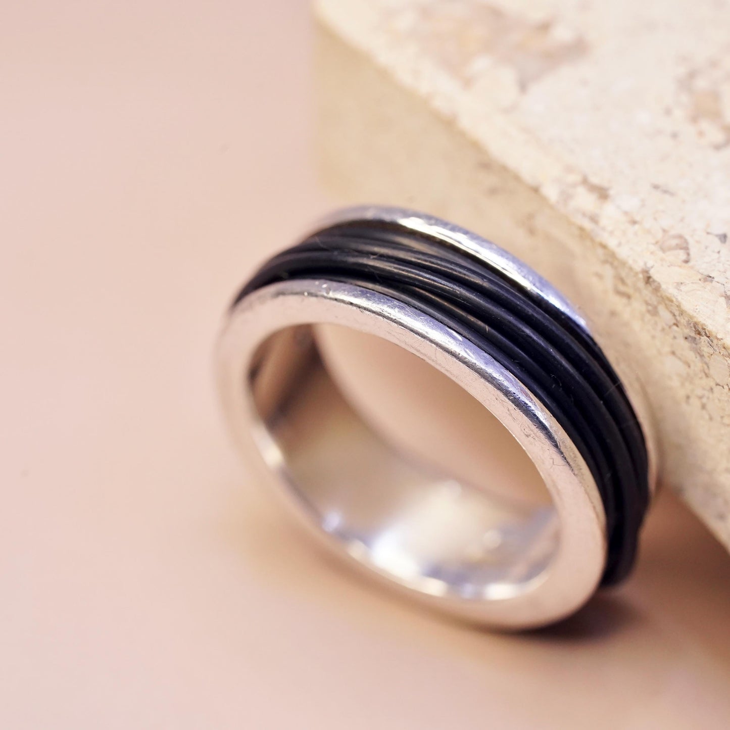 Size 7.25, vintage Italian sterling silver ring, 925 silver band black leather